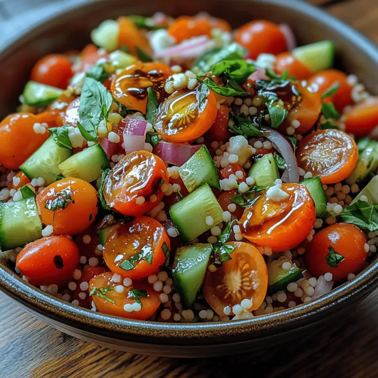 Embark on a culinary journey to the sun-soaked shores of the Mediterranean with our vibrant Tomato Basil Couscous Salad. This dish embodies the essence of Mediterranean cuisine, showcasing an array of fresh vegetables and aromatic herbs that dance together in a colorful presentation. Not only is it a feast for the eyes, but it also nourishes the body, making it a perfect choice for a light lunch, a refreshing side dish at dinner, or a picnic favorite that will impress your friends and family.
