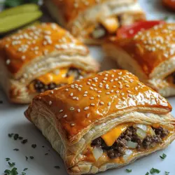 If you're on the lookout for a delightful snack or appetizer that is sure to impress at any gathering, look no further than Mini Cheeseburger Puff Pastries. These little parcels of goodness combine the comforting flavors of a classic cheeseburger with the flaky, buttery texture of puff pastry. Perfect for parties, family meals, or any casual get-together, these mini treats are a crowd-pleaser that will have everyone coming back for seconds.