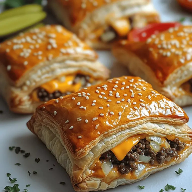 If you're on the lookout for a delightful snack or appetizer that is sure to impress at any gathering, look no further than Mini Cheeseburger Puff Pastries. These little parcels of goodness combine the comforting flavors of a classic cheeseburger with the flaky, buttery texture of puff pastry. Perfect for parties, family meals, or any casual get-together, these mini treats are a crowd-pleaser that will have everyone coming back for seconds.