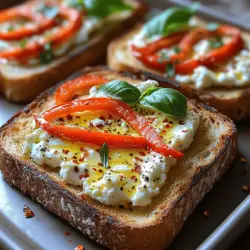 Red bell peppers are a key component of this delightful dish, known for their sweetness and vibrant color. When roasted, these peppers undergo a transformation that enhances their natural flavor profile. The roasting process caramelizes the sugars within the peppers, giving them a smoky and slightly charred taste that pairs wonderfully with the creamy feta cheese.