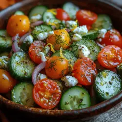 One of the standout features of this salad is its health benefits. Cucumbers are a hydrating powerhouse, offering a low-calorie option that keeps you feeling refreshed and satisfied. Cherry tomatoes add a touch of sweetness while delivering a punch of vitamins A and C. Meanwhile, the fresh dill not only provides aromatic qualities but also contains essential nutrients like antioxidants. With such a stellar lineup of ingredients, this salad is a guilt-free treat that aligns perfectly with a healthy lifestyle.