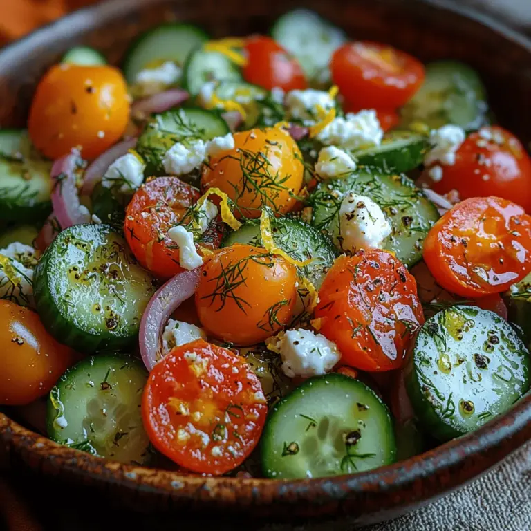 One of the standout features of this salad is its health benefits. Cucumbers are a hydrating powerhouse, offering a low-calorie option that keeps you feeling refreshed and satisfied. Cherry tomatoes add a touch of sweetness while delivering a punch of vitamins A and C. Meanwhile, the fresh dill not only provides aromatic qualities but also contains essential nutrients like antioxidants. With such a stellar lineup of ingredients, this salad is a guilt-free treat that aligns perfectly with a healthy lifestyle.