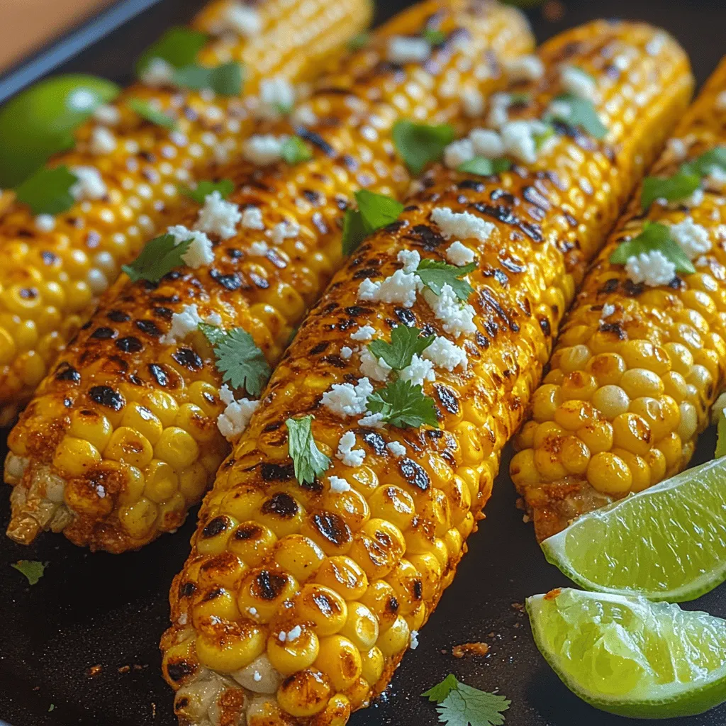 The flavor profile of this grilled corn dish is a harmonious blend of spicy, zesty, and fresh elements. The chipotle chili powder introduces a smoky heat that warms the palate without overpowering the natural sweetness of the corn. Meanwhile, fresh lime juice and zest brighten the dish, providing a refreshing contrast to the spices. The addition of Cotija cheese adds a creamy, salty note that complements the other ingredients beautifully, while fresh cilantro brings a burst of herbal freshness. Together, these flavors create a well-rounded experience that is sure to tantalize your taste buds.