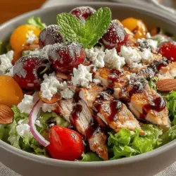 The Cherry & Chicken Salad Bowl is a vibrant, nutritious dish that effortlessly combines the sweetness of fresh cherries with the savory flavor of tender chicken breast. This salad is not just a feast for the eyes; it also provides a well-rounded meal packed with essential nutrients, making it an excellent choice for anyone looking to maintain a healthy lifestyle. Whether you're preparing lunch for a busy workday or looking for a refreshing dinner option, this salad fits the bill perfectly.