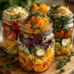 In today’s fast-paced world, finding nutritious and visually appealing meal options can be a challenge. With busy schedules often dictating our food choices, we may be tempted to reach for quick, less healthy options. However, the Colorful Veggie Pasta Jars offer a delightful and healthy dish that combines vibrant vegetables with delicious pasta, making it an ideal meal for both individuals and families on the go. These jars are not only packed with flavor and nutrients but also provide a fun and creative way to enjoy your meals. The concept of layering ingredients in jars not only enhances convenience but also turns mealtime into an aesthetically pleasing experience.