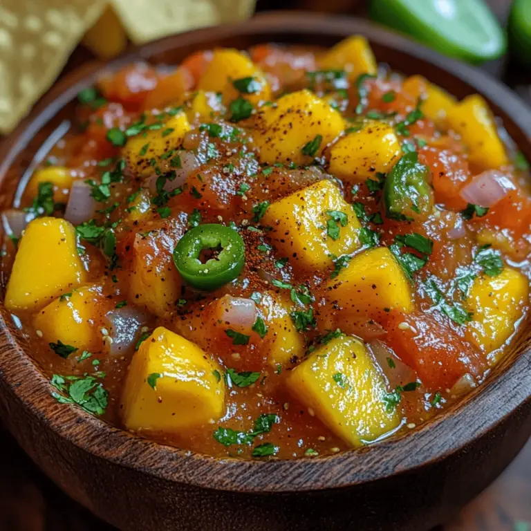 Mango Jalapeño Salsa is a vibrant and refreshing condiment that perfectly marries the sweetness of ripe mango with the spicy kick of jalapeños. This salsa is not just an accompaniment; it’s a celebration of flavors that can elevate any dish, from grilled meats to fish tacos, or even enjoyed simply with tortilla chips. Its bright colors and bold flavors make it a standout addition to any gathering or meal.