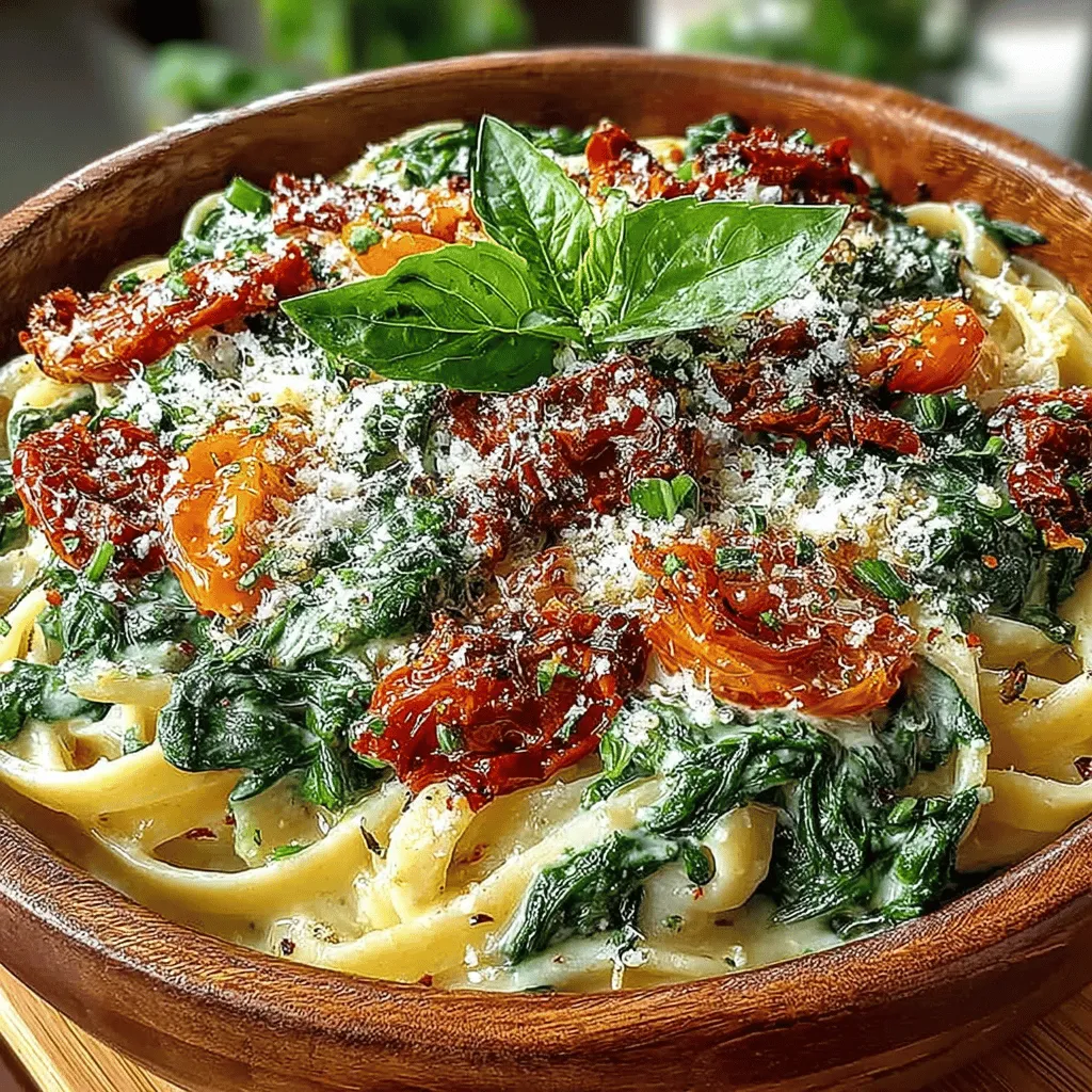 What makes Creamy Spinach & Sun-Dried Tomato Pasta so appealing? It offers a unique flavor profile that balances rich creaminess with the earthy notes of spinach and the tangy burst of sun-dried tomatoes. The cream sauce envelops each strand of pasta, allowing every bite to be a harmonious blend of flavors that is both comforting and satisfying.