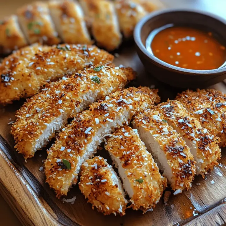 Welcome to the delightful world of Crispy Coconut Chicken Strips, a dish that harmoniously combines the savory flavor of chicken with the tropical sweetness of coconut. This recipe offers a perfect balance of textures—an irresistibly crunchy exterior enveloping tender, juicy chicken on the inside. Whether you're whipping up a family dinner or hosting a festive gathering, these chicken strips are bound to be a hit with both adults and children alike.