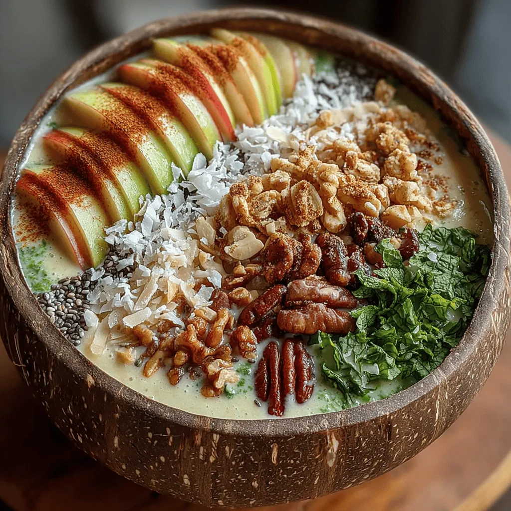 In recent years, smoothie bowls have taken the health and wellness world by storm. These delightful concoctions not only serve as a vibrant and visually appealing breakfast or snack option but also pack a powerful nutritional punch. Unlike their traditional smoothie counterparts, smoothie bowls boast a thicker texture, allowing for a variety of toppings that can transform a simple meal into an artistic culinary experience. The Apple Cinnamon Smoothie Bowl is a perfect example of this trend, combining the fresh, crisp flavor of apples with the warm, comforting essence of cinnamon. This recipe not only tantalizes your taste buds but also provides a balanced serving of fruits and greens, making it an ideal choice for health-conscious eaters.