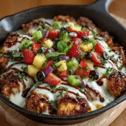 When it comes to innovative culinary creations, the Fruity Chicken Delight Pizza Skillet stands out as a refreshing twist on the traditional pizza. This dish combines the comforting familiarity of pizza with an exciting medley of sweet and savory flavors, creating a delightful experience for the palate. Imagine sinking your teeth into a warm, cheesy slice of pizza, only to be surprised by the burst of juicy fruit that follows. This unique combination not only elevates the taste but also makes it a visually appealing dish that is bound to impress family and friends.