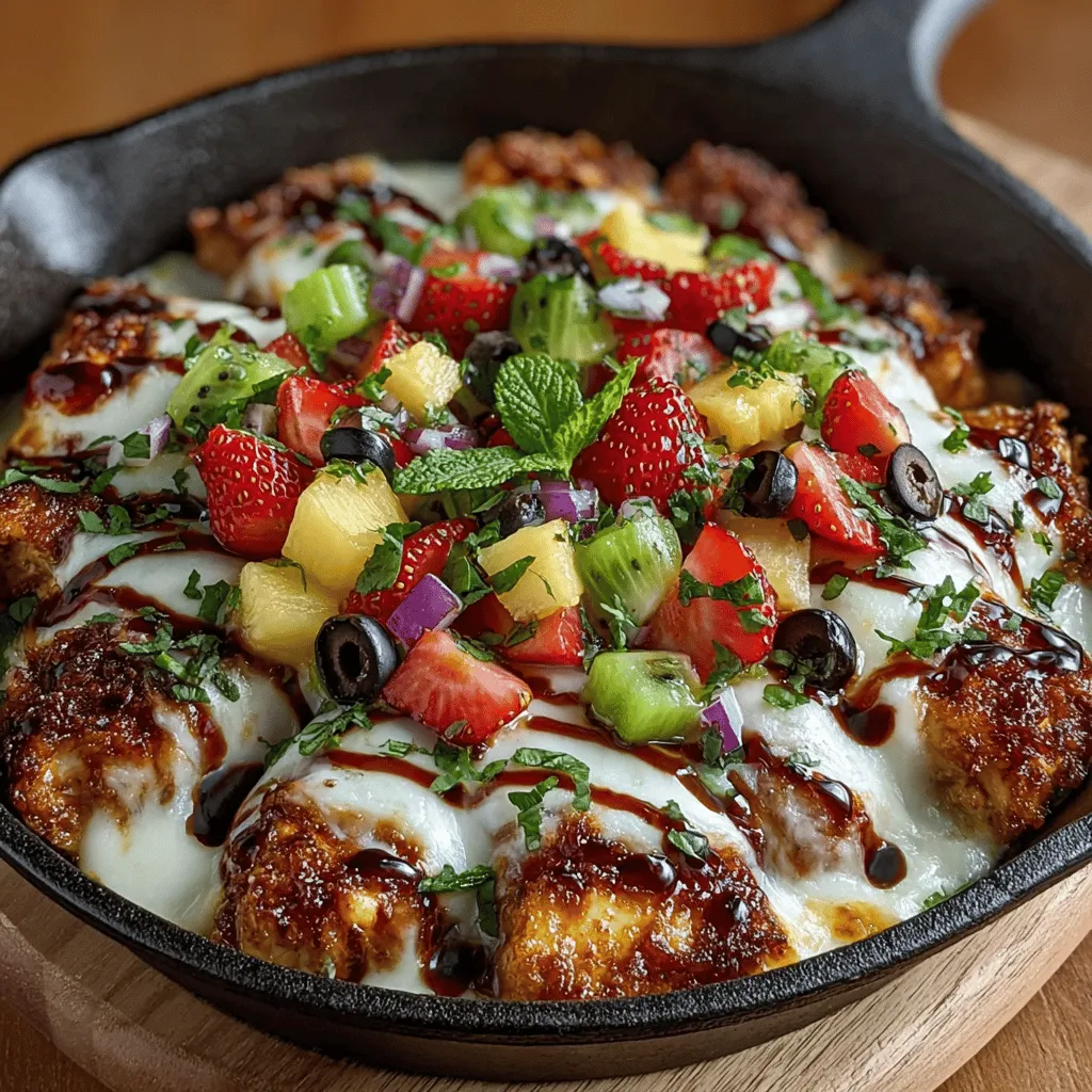 When it comes to innovative culinary creations, the Fruity Chicken Delight Pizza Skillet stands out as a refreshing twist on the traditional pizza. This dish combines the comforting familiarity of pizza with an exciting medley of sweet and savory flavors, creating a delightful experience for the palate. Imagine sinking your teeth into a warm, cheesy slice of pizza, only to be surprised by the burst of juicy fruit that follows. This unique combination not only elevates the taste but also makes it a visually appealing dish that is bound to impress family and friends.
