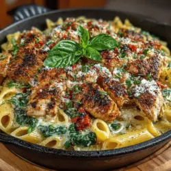 The foundation of any great dish often lies in the aromatics. In this Creamy Chicken and Spinach Skillet Pasta recipe, sautéing onions and garlic is crucial for building depth of flavor. Start by heating olive oil in your skillet over medium heat. Once the oil shimmers, add finely chopped onions, allowing them to soften and become translucent—this usually takes about 3-4 minutes. The natural sweetness of the onions will enhance the overall taste profile of the dish.